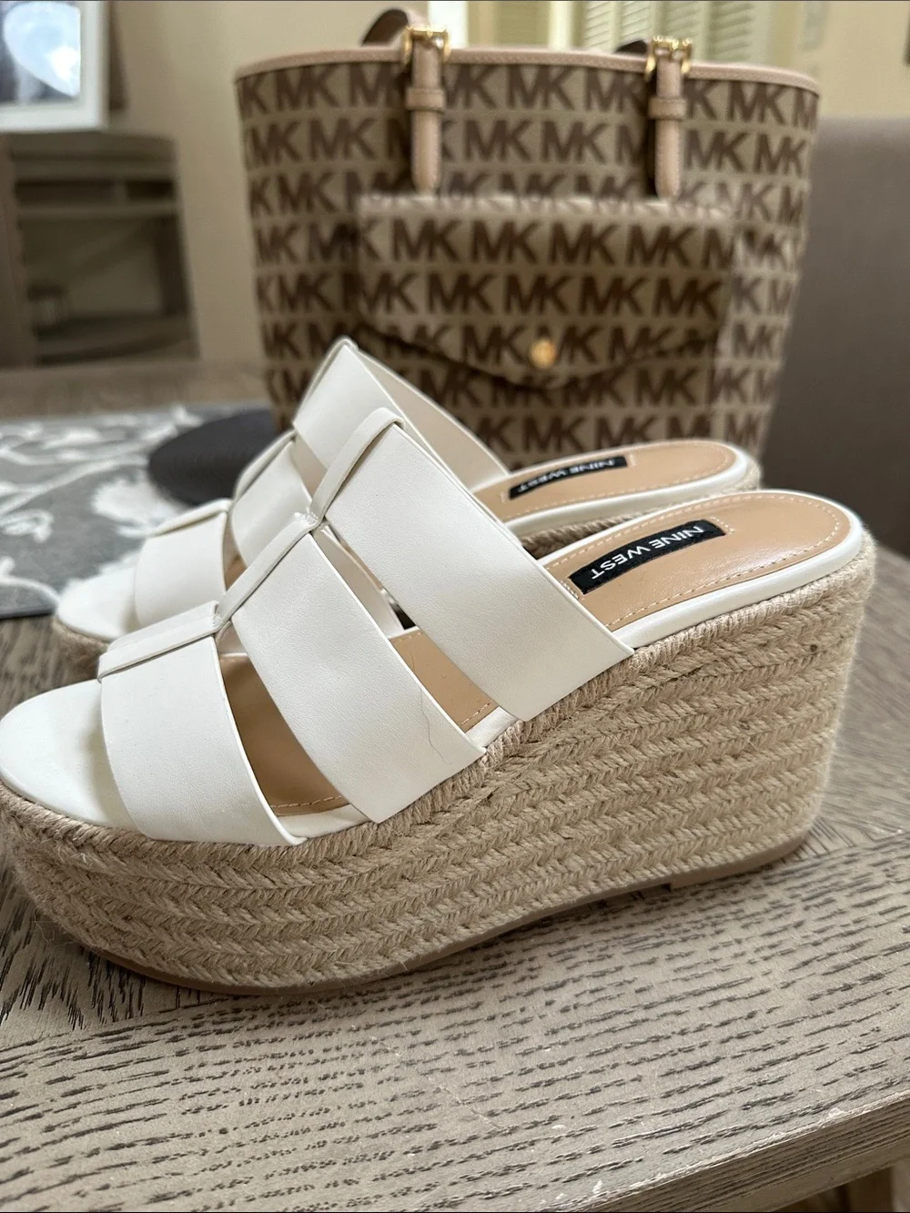 Nine West White Woven Espadrille Platform Slide Sandals